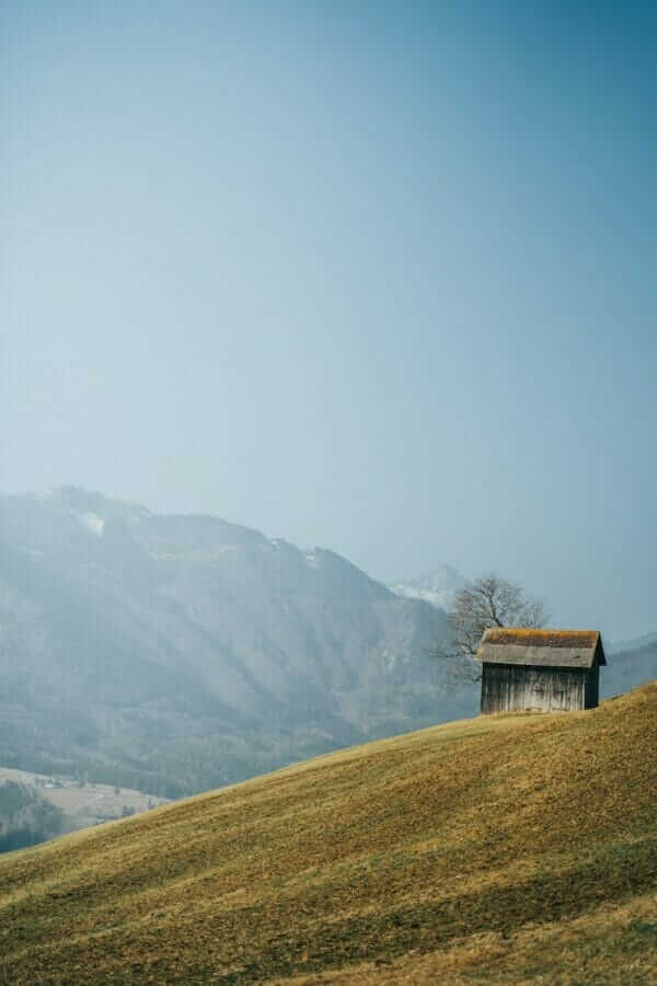brown wooden house on green grass field near mountains during daytime