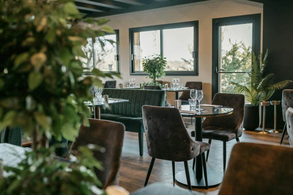 a restaurant with tables, chairs, and plants