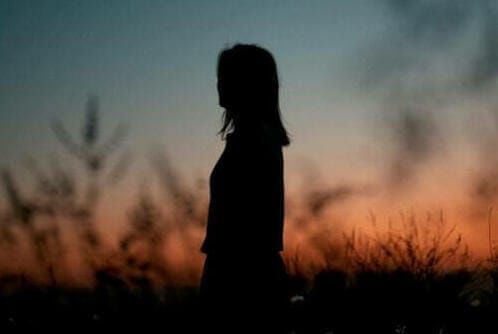 A person standing in a field at sunset